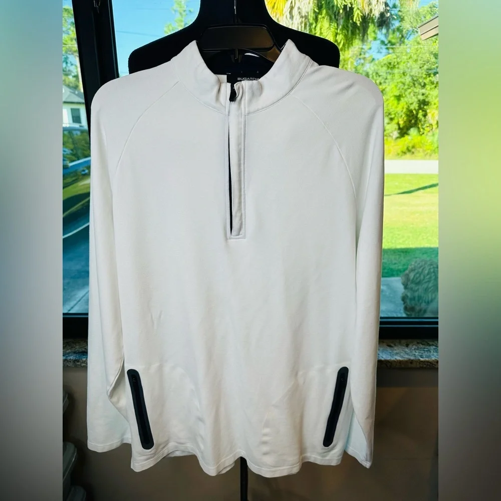 Bugatchi Men’s White Quarter-Zip Pullover with Black Accents Size XL